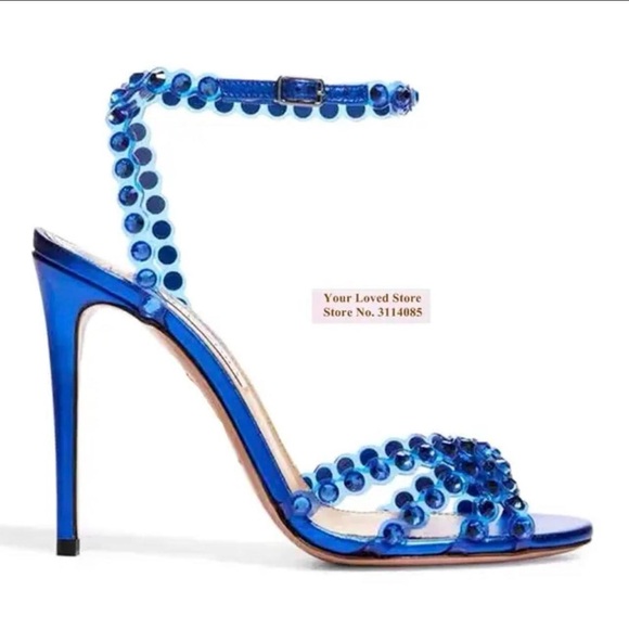 Aquazzura Look Alike Blue Embellished Heels - Picture 1 of 3